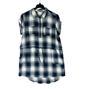Sonoma Womans Sz XL Shirt Dress Plaid Short Sleeve‎ Pockets Blue White Soft